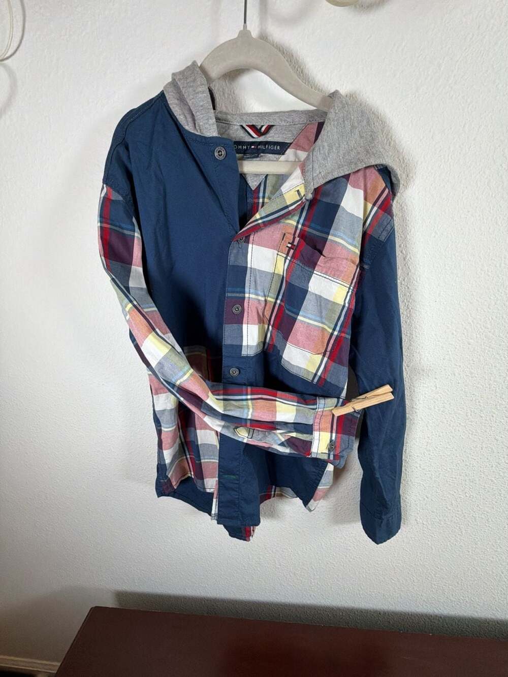 Tommy Hilfiger Plaid Hooded Button-Down Shirt Size 8/10 Multicolor